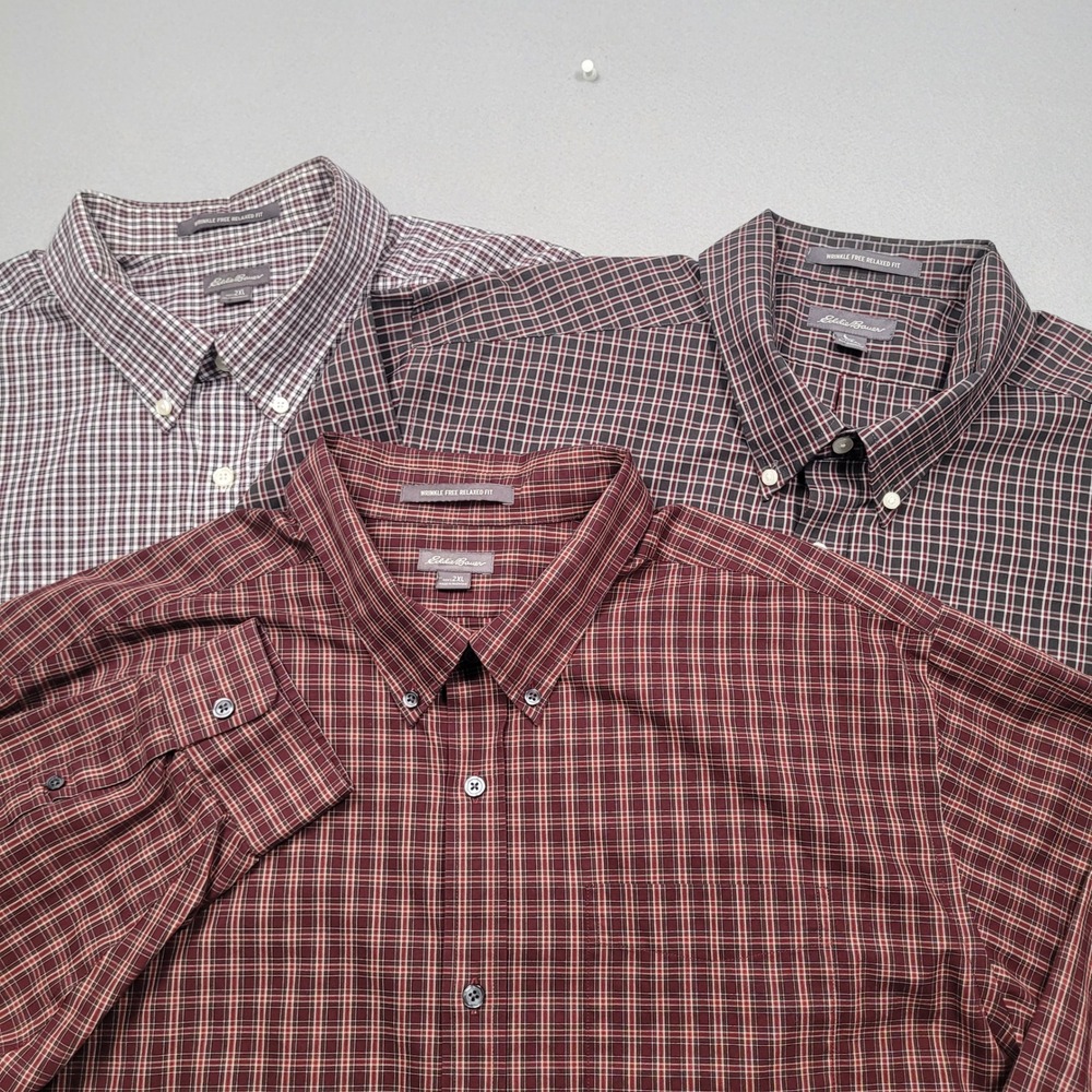 Set of 3 Eddie Bauer Mens Wrinkle Free Relaxed Fit Long Sleeve Plaid Shirts 2XL
